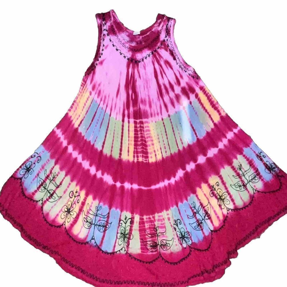 Hippie Dress One Size MIDI Colorful Fuschia Rainbow Embroidered Bold Festival